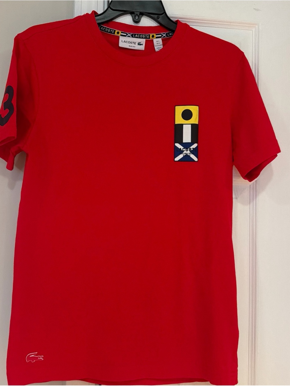 Lacoste Red Short-Sleeve Tee with Nautical Patch Accent